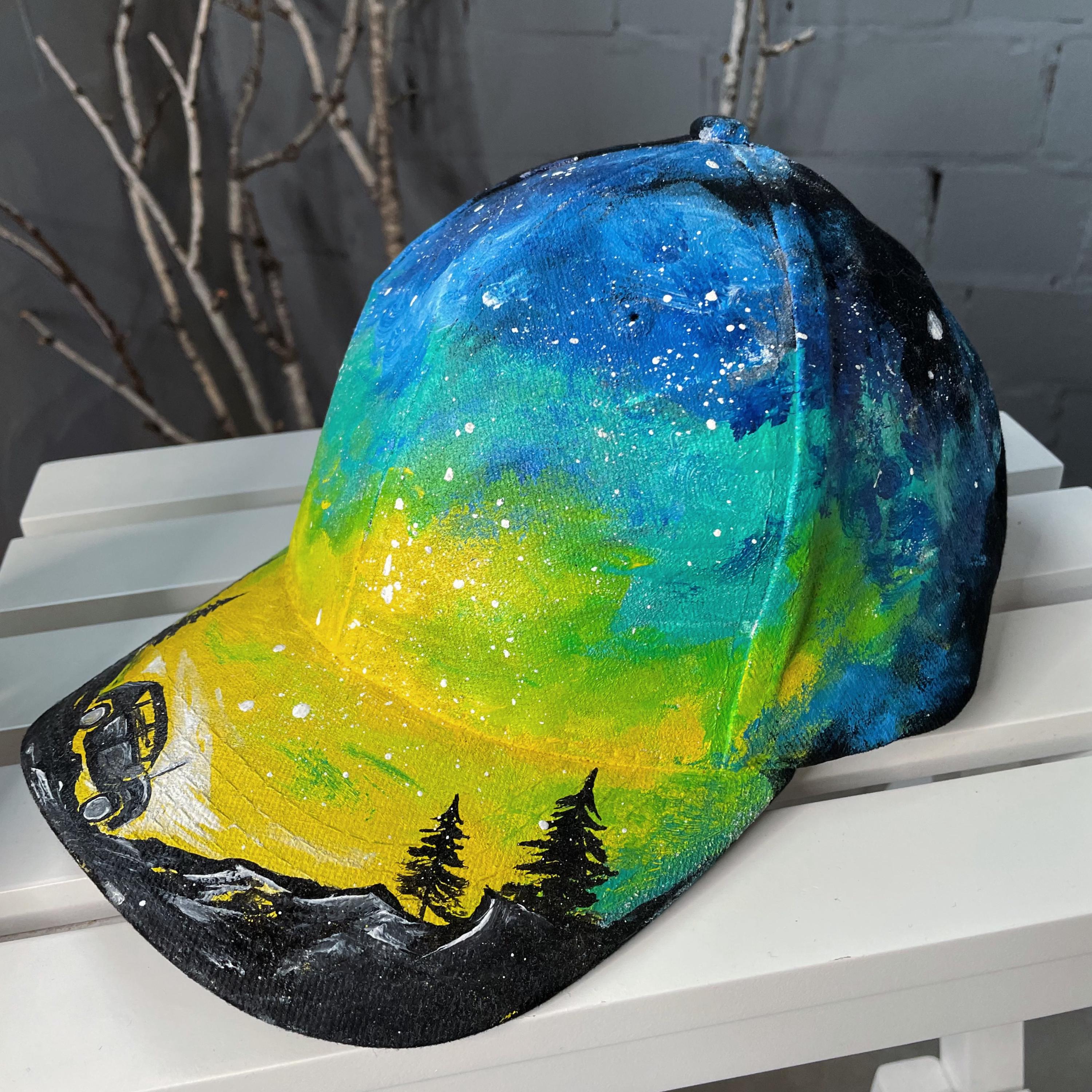 Unisex Hand-Painted Mountain Landscape Hat Green tree mountain custom painted SnapBack hat  main image 4