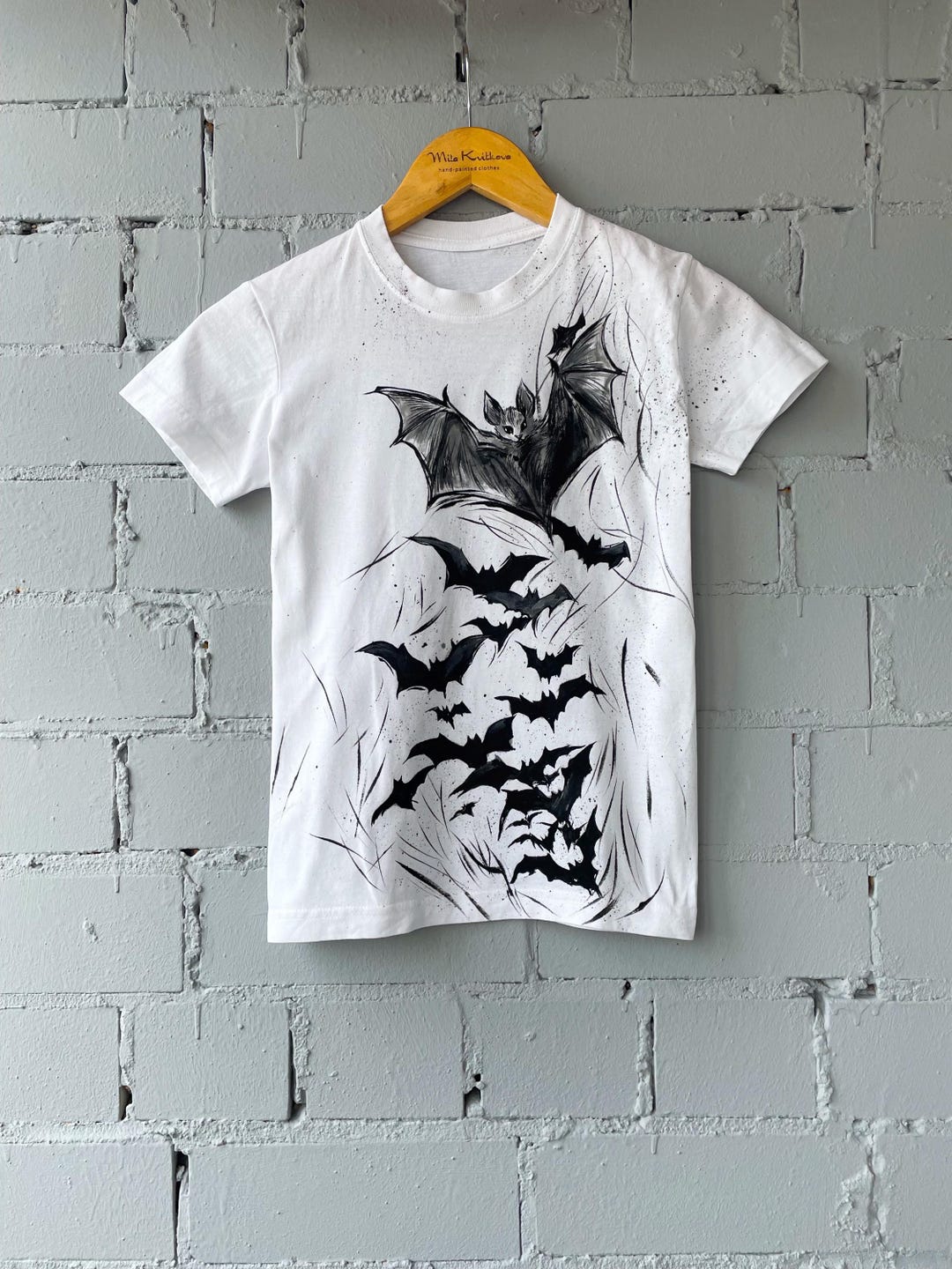Hand Painted Bat T-shirt, Minimalist Gothic Animal Art Tee, Organic ...