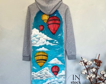 Hand Painted Hoodie Dress, Artistic Pullover Dress Size S In Stock, Lightweight Cotton Hoodie Dress
