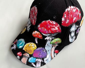 Mushroom Art Baseball Cap, Hand Painted Black Cotton Hat, Forestcore Headwear, Whimsical Woodland Accessory