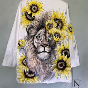 Unique Hand Painted Jacket for Women, Custom Hand Painted Blazer with Lion among Sunflowers, Painted Jacket with Lion and Sunflowers Art