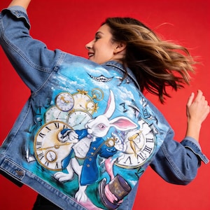 Custom Hand Painted Alice in Wonderland Denim Jacket, White Rabbit Art Jacket, Jean Jacket Unique Wearable Art Gift Fantasy Clothing