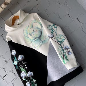 Hand Crafted Floral Hoodie, Artistic Sweatshirt, Nature Inspired Hoodie, Botanical Gift, Flower Pullover, Sweatshirt Gift, Gifts For Her