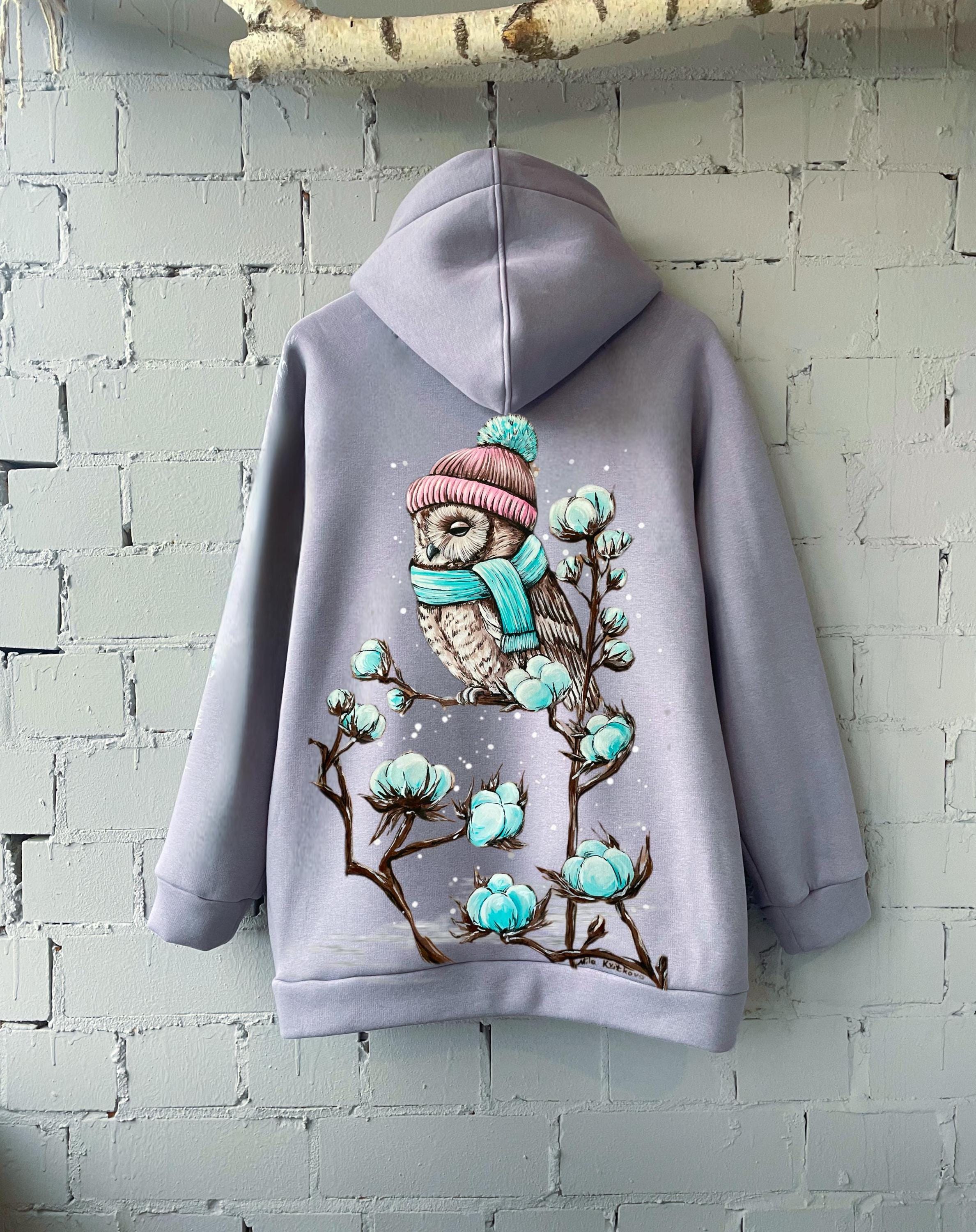Hand-Painted Hoodie Owl in a Hat and Cotton Branches Design, Cozy Winter Sweatshirt, Custom Art Hood