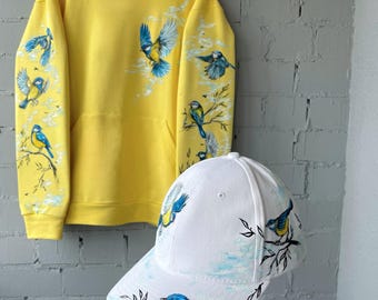Conjunto a juego de pájaros carboneros pintados a mano, gorra de algodón y sudadera ligera con capucha, regalo de ropa con arte de aves