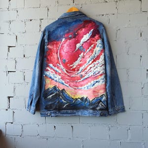 Hand-Painted Red Sky Denim Jacket, Unique Artistic Jean Jacket with Mountain and Balloon Design, Custom Wearable Art for Men & Women