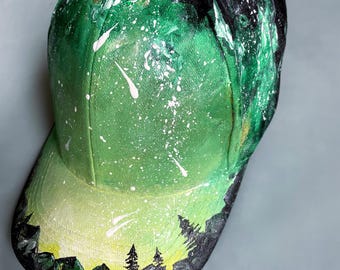 Hand Painted Mountain Baseball Cap, Nature Hiking Hat with Cat, Scenic Landscape Cotton Cap, Adventure Travel Gift, Custom Outdoor Art Hat