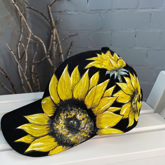 Custom Hand Painted Sunflower Cap, Floral Art Baseball Hat  display picture 2