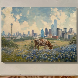 Bluebonnets in Dallas Canvas Art, Wall Decor. Texas Longhorn grazing among the flowers. Vintage skyline painting. Gift for Texas Lover.