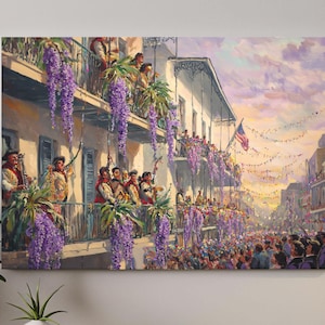 New Orleans Mardi Gras Canvas Art, Home Decor – Parade in Louisiana, French Quarter Balconies, Jazz Music Fest, Gift for Music Lover.