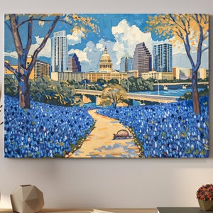 Bluebonnets in Austin Canvas Art, Wall Decor – Texas State Capitol painting, Blue Flowers, Armadillo & City Skyline. Gift for Texas Lover.