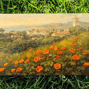 Santa Barbara California poppies Canvas Art – Vintage Wall Decor with orange flowers, old town, ocean. Gift for travel & summertime lover.