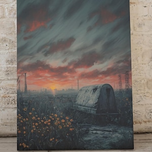 STALKER 2: Sunset in the Heart of Chornobyl Canvas Art, Wall Decor – Zone, Abandoned City, Yellow Poppies, Gift for Gamer or Urban Explorer
