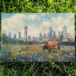 Bluebonnets in Dallas Canvas Art, Wall Decor – Texas heart skyline with skyscrapers. Longhorn grazing among the flowers. Gift from Wild West