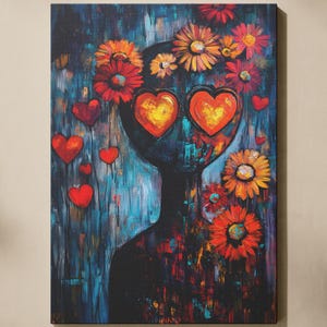 Arte em tela com corações e flores, decoração para casa – estampa floral colorida, decoração romântica, pintura abstrata, arte para quarto, presente para amantes da arte