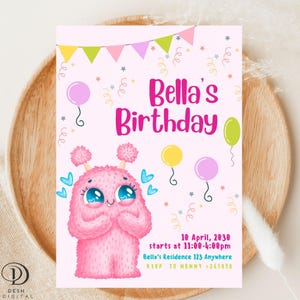 Editable Monster Birthday Invitation, Monster Invitation, Pink Monster Birthday, Monster Thank you tag, Digital Invite, Our Little Monster