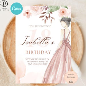 Editable 18th Birthday Invitation Template, Elegant 18th Birthday Invitation, Blush Pink, Warm Beige, Flower Pink and Beige 18th Birthday