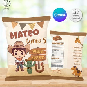 Editable Cowboy Chip Bag Wrapper: Western Party Favor (Digital Download, A4 Template)
