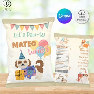 Puppy Birthday Chip Bag Template: Editable Dog Party Favor (A4 Digital Download)