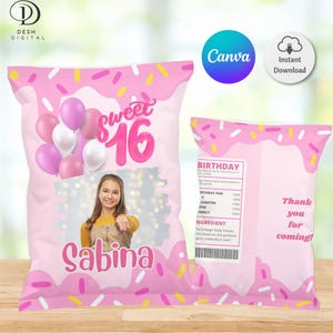 Editable Birthday Chip Bags,Sweet 16 Party Favors,Chip Bag Label,Birthday Favor for Guest,Chip Bag Template,Pink Party Favors Bag,Printable