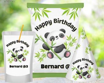 May include: A set of panda-themed birthday party supplies, including a juice box, a bag of chips, and a party hat. The juice box and bag of chips feature a panda holding a bamboo stalk, with the text "Happy Birthday Bernard @ 3". The party hat has the text "Happy Birthday" and a panda holding a bamboo stalk.