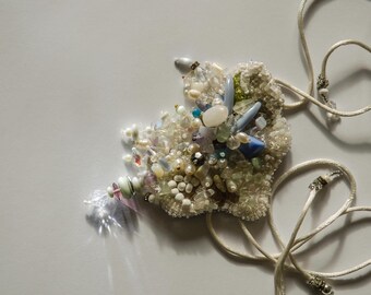 Luminous Bridal Gemstone Necklace with Pearls, Agate, Quartz, Fluorite, and Rock Crystal on Soft Satin Cords
