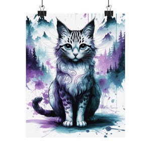 Mystical Cat Art Print Watercolor Style Matte Vertical Poster Purple Magnolia Forest Fantasy Wall Decor for Cat Lovers and Art Fans