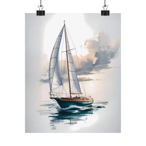 Sailing Yacht Wall Art Matte Poster – Nautical Ocean Scene with Sailboat at Sunset, Coastal Decor Print, Sea Lover Gift, Marine Illustration
