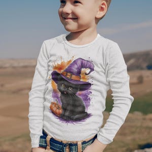 Halloween Witch Cat Long Sleeve T-Shirt - Adorable Black Cat with Witch Hat and Pumpkin - Fun Halloween Long Sleeve Tee for Cat Lovers