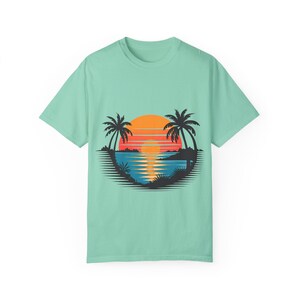 Tropical Sunset T-Shirt - Retro Beach Palm Trees Graphic Tee - Perfect for Summer Vibes and Beach Lovers