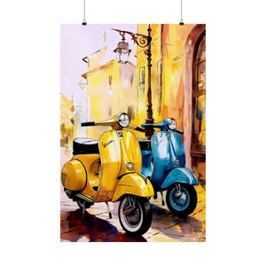 Vintage Vespa Scooter Art Poster - Colorful Watercolor Cityscape with Retro Scooters - Perfect for Italian Lovers & Travel Enthusiasts