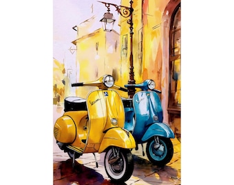 Vintage Vespa Scooter Art Poster - Colorful Watercolor Cityscape with Retro Scooters - Perfect for Italian Lovers & Travel Enthusiasts