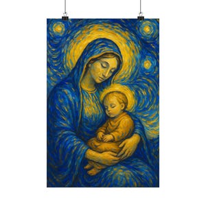 Póster de la Virgen y el Niño, estilo Van Gogh, impresión vertical mate, arte religioso cristiano para pared, Madre María, Niño Jesús, decoración católica, idea de regalo