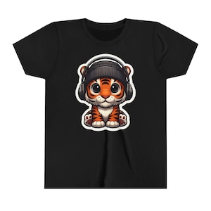 Cute Tiger Kids T-Shirt - Cartoon Tiger with Headphones Tee - Fun Animal Graphic Shirt for Kids - Hipster Tiger Design