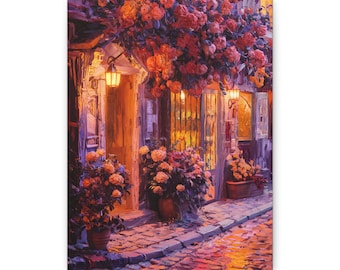 Charming Floral Street at Dusk - Romantic Evening Cityscape Art