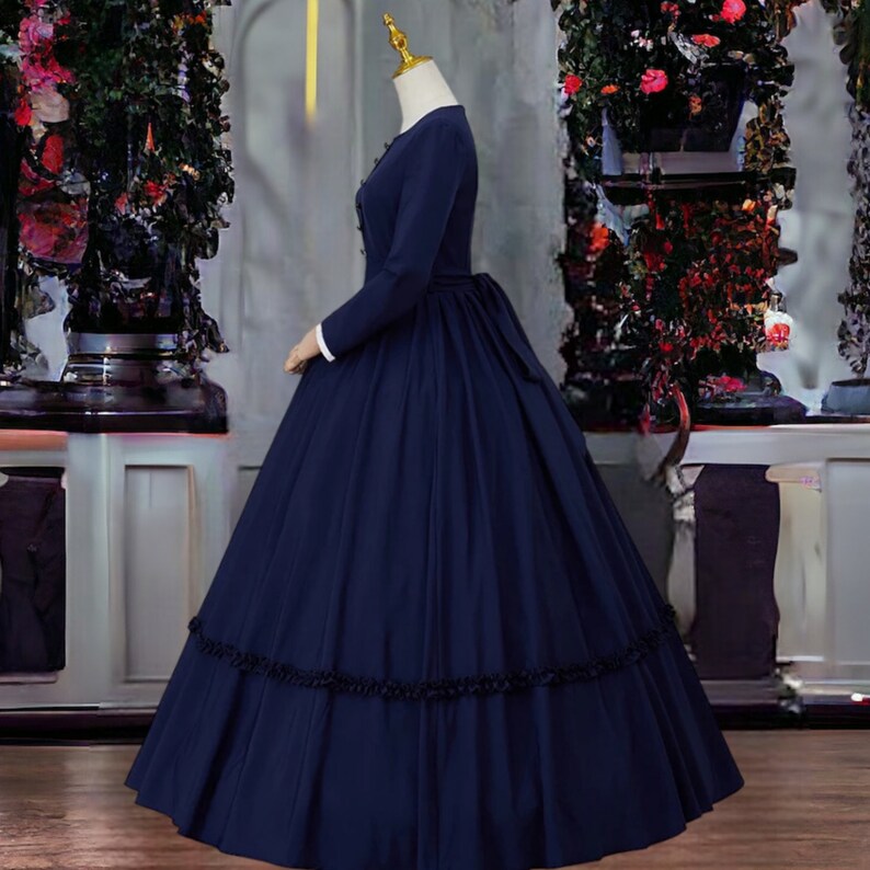 Kleid zum Bürgerkrieg für Frauen, Dickens Fair Kostüm-Frauen, Marineblau Kleid der viktorianischen Ära, 1860er Tag Kleid, 19.Jahrhundert Kleid, Theater Kleid Bild 3