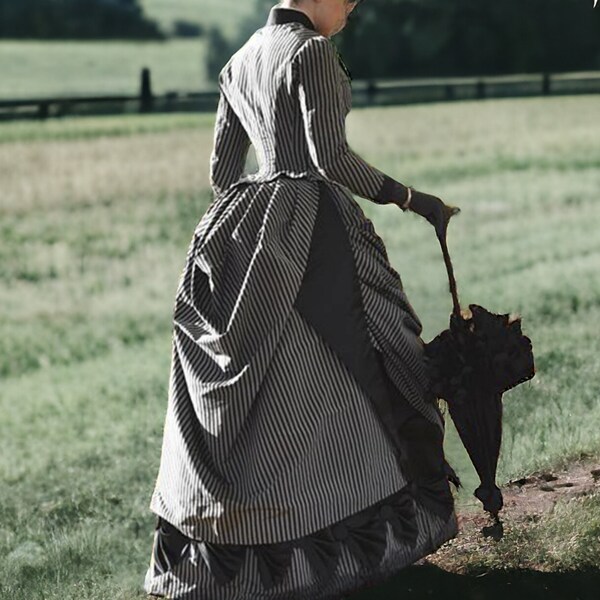 Gothic Victorian Bustle Dress, Edwardian Striped Ball Gown, 18th Century Historical Dress, Victorian Walking Dress, Gothic Ball Gown 1890s