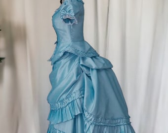 Victorian Bustle Dress in Blue, 18th Century Blue Ball Gown, Civil War Era Ball Gown, Georgian Southern Belle Blue Gown, 1860s Wedding Dress
