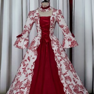 Flare Ärmel Viktorianisches Kleid, Marie Antoinette Stil Viktorianisches Kleid, Rotes Blumen Maskerade Kleid, Halloween Kostüm Ballkleid, Rokoko Kleid