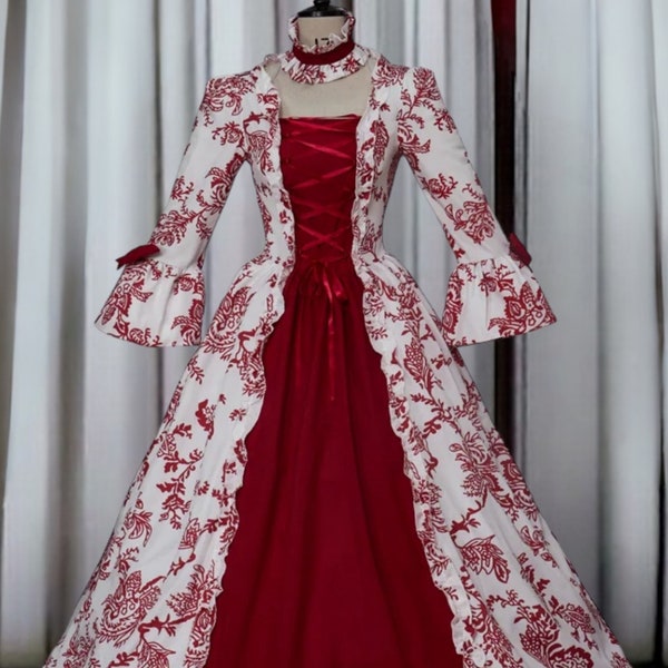 Flare Sleeve Victorian Dress, Marie Antoinette Style Victorian Gown, Red Floral Masquerade Dress, Halloween Costume Ball Gown, Rococo Dress