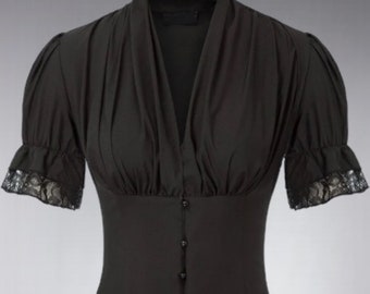 Rüschenbluse im viktorianischen Stil, Gothic Kurzarm-Shirt mit Knopfleiste, Renaissance-Bluse für Frauen mit V-Ausschnitt, viktorianisch inspiriertes Renaissance-Shirt