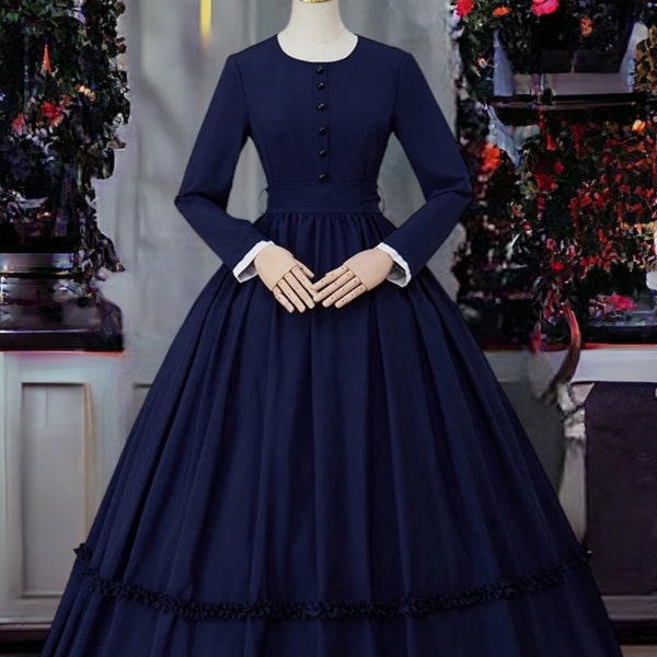 Women's Civil War Day Dress, Dickens Fair Costume Women, Navy Blue Victorian Era Dress, 1860's Day Dress, 19th Century Dress, Theatre Dress