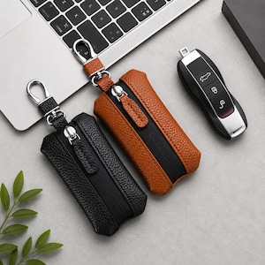 Leather Car Key Case Wallet | Premium Zipper Key Holder Organizer | Smart Key Fob Storage Pouch | Luxury Leather Keychain Gift for Men Women