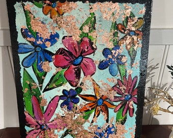 A Gypsy’s Garden ,acrylic painting on stretched canvas ,original work abstract flowers with gold foil