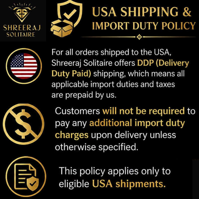 May include: Black background with gold text and graphics. The text reads "USA SHIPPING & IMPORT DUTY POLICY." The text also states that Shreeraj Solitaire offers DDP shipping for USA orders, covering import duties and taxes.