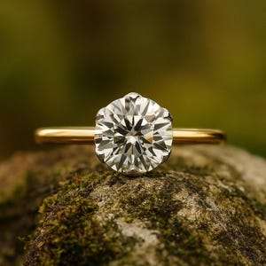 Rustic close-up on moss, 2 carat solitaire engagement ring in warm yellow gold, brilliant round lab diamond look.