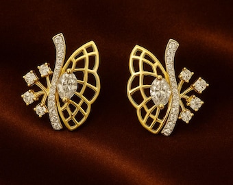 Gold Butterfly Stud Earrings | Lab-Created Diamond Marquise Cut, Mother's Day gift
