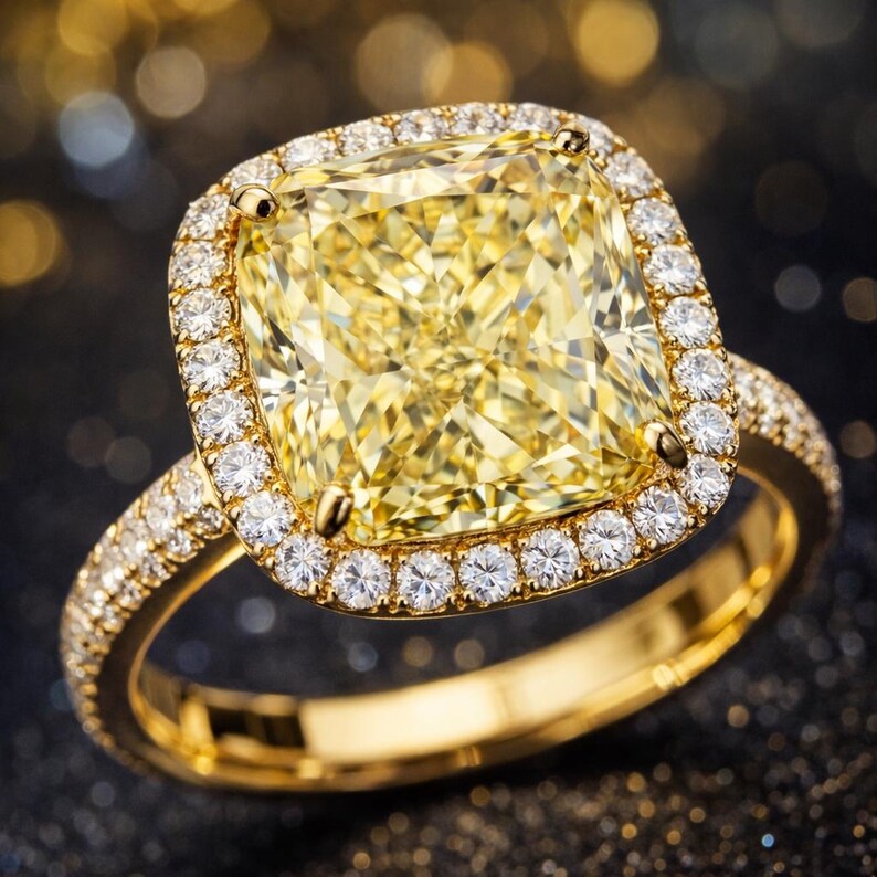 May include: A gold ring featuring a large, square-cut yellow diamond center stone, surrounded by a halo of smaller white diamonds. The band is also encrusted with small diamonds, creating a sparkling effect.