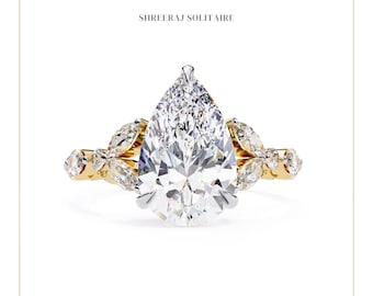 3.00 CT Pear Cut Lab Grown Diamond Ring | Floral Engagement Ring