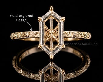 Bague de fiançailles vintage sertie d'un diamant, monture semi-montée style marquise hollandaise, anneau en or massif 14K ou 18K à gravure florale.